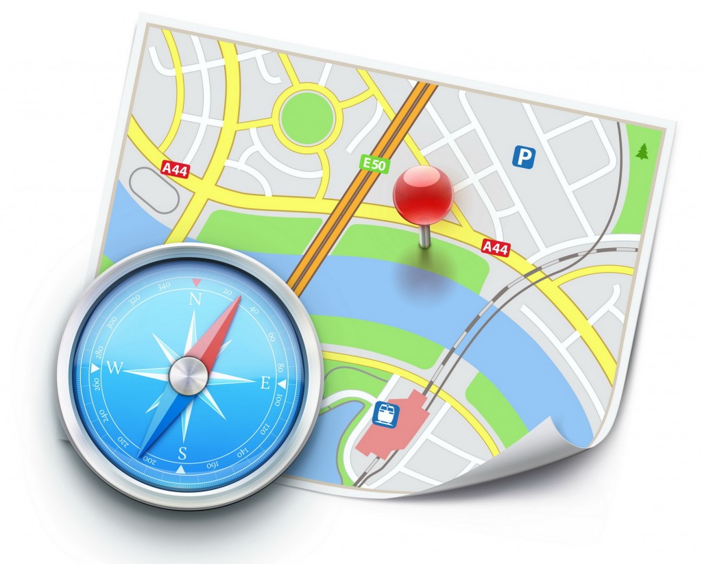 Vector illustration of navigation concept with detailed blue compass and city map